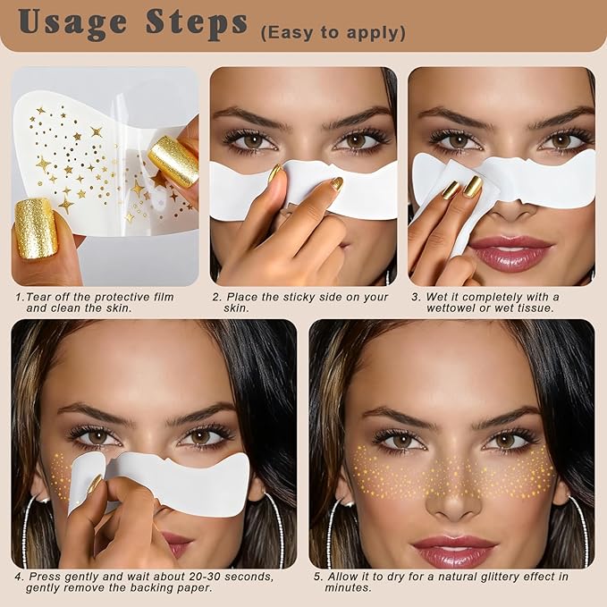 Gold Glitter Freckles Face Tattoo - 12PCS Sparkle Freckles Temporary Face Tattoos for Women, Glow Up Makeup Patches