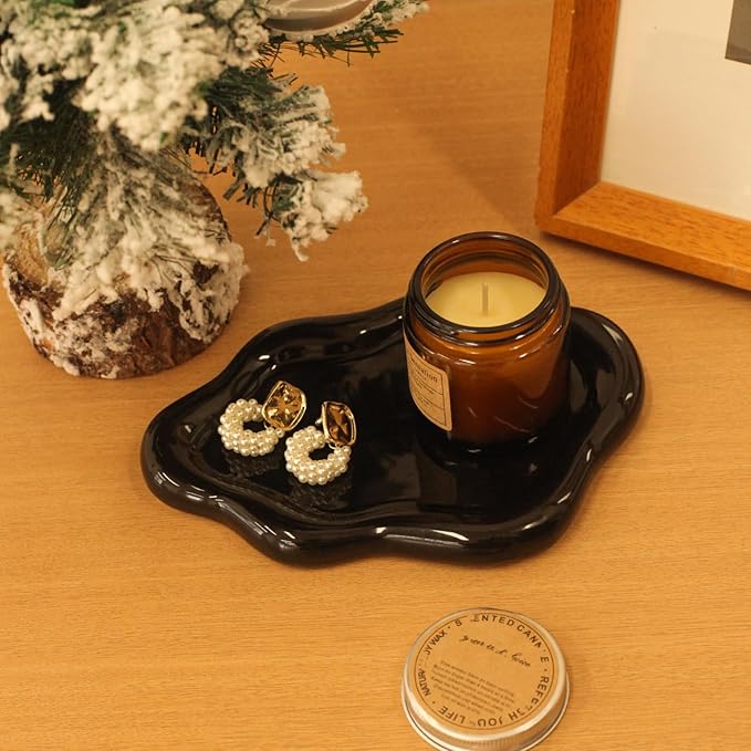 CCINPPY Ceramic Cloud Jewelry Tray Trinket Dish Key Bowl Nightstand Decor | Decorative Small Desk Tray Jewelry Plate Key Holder Bowl Cute Bedroom Room Decor Aesthetic, Gift for Women, Black Large