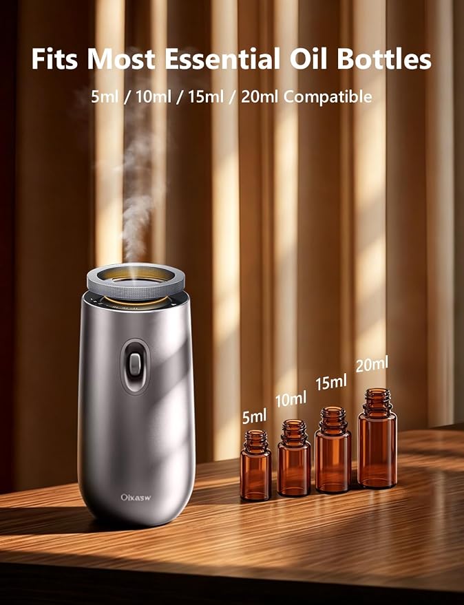 Waterless Essential Oil Diffuser, Rechargeable Portable Aromatherapy | Oil-Saving Design | Smart Memory | Aluminum | 3 Mist Levels | 3 Ambient Light Modes | Ultra Quiet | for Home Office Car