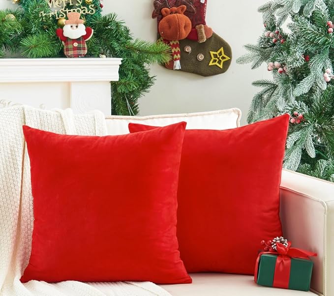 Pack of 2 Christmas Red Pillow Covers 20x20 Inch Decorative Throw Pillow Cover, Velvet Pillowcases for Couch Sofa Bed, Home Boho Decor, Modern Soft Cushion Covers