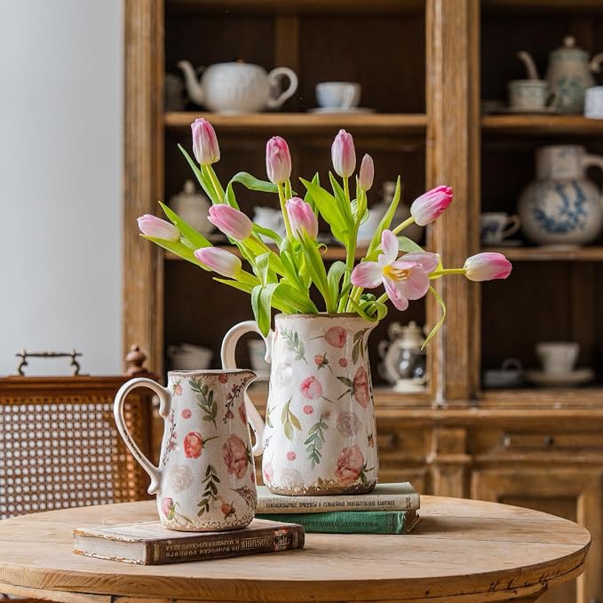 Vintage Fruit and Floral Ceramic Vase with Handle, Retro Ice Glazed Crack Farmhouse Pitcher Vase for Home Decor, Living Room, Shelf, Office, Rustic Table Centerpiece 7 Inch