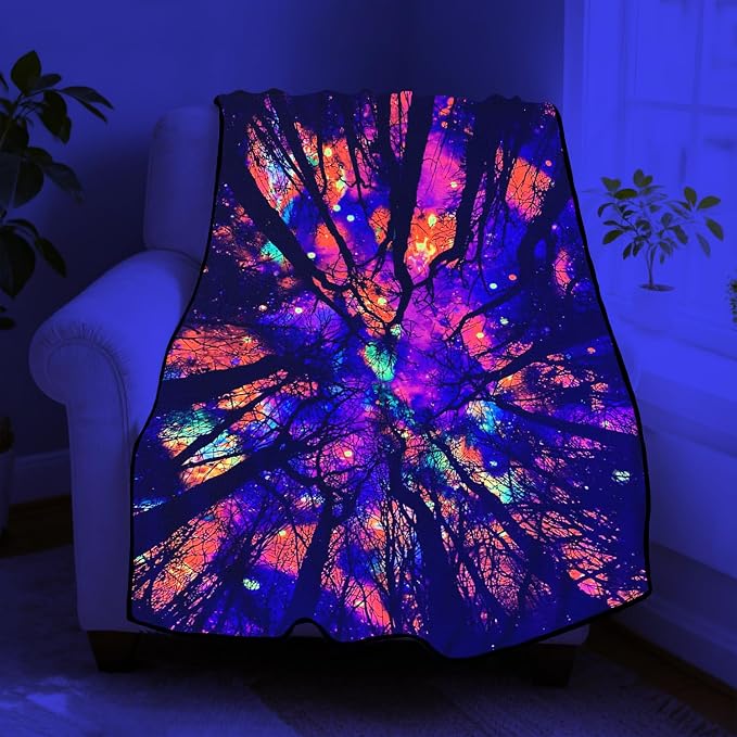 Blacklight Galaxy Forest Throw Blankets UV Reactive Night Sky Throw Blanket Glow in the Dark Under Black Lights Game Room Decor Soft Throw Gifts 59x51 Inches