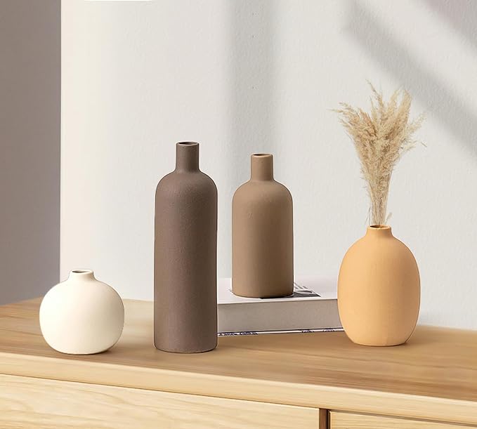 Ceramic Flowers Vase Set of 4, Elegant Multicolor Home Decorative Small Vases for Table, Centerpieces, Shelf (DBrown/Brown/Orange/White)