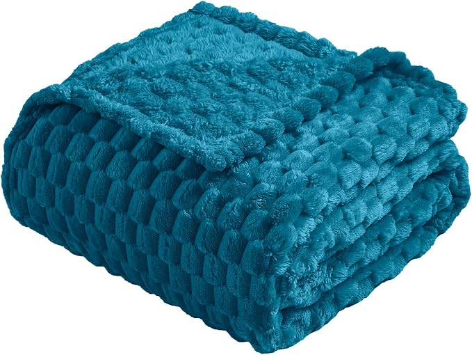 Vessia Flannel Fleece Throw Blanket(50x70 inch), 3D Jacquard Blue Fuzzy and Warm Blanket for Couch,Sofa,Bed, 300GSM Super Soft Touch Cozy Lightweight Throw for All-Season Home Decor