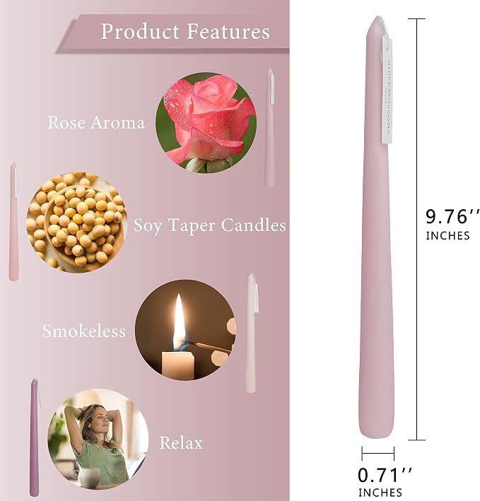 Up to 8 Hour Romantic Rose Scent Candles - Gradient Color Taper Candles - Pink Long Candlesticks for Wedding Festive Dinner Decor, Up to 8 Hour, 4 Pack