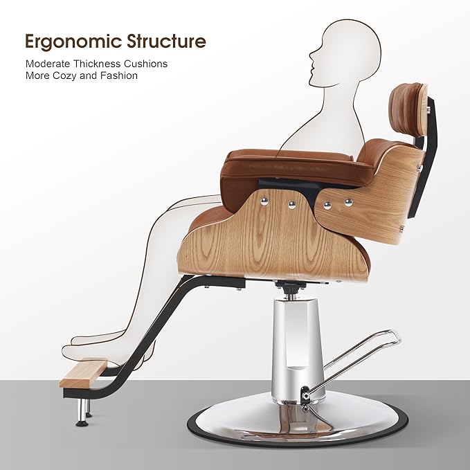 BarberPub Bend Wooden Salon Chair Hydraulic Chair Hair Cutting Beauty Spa Styling Equipment 8261(Brown)