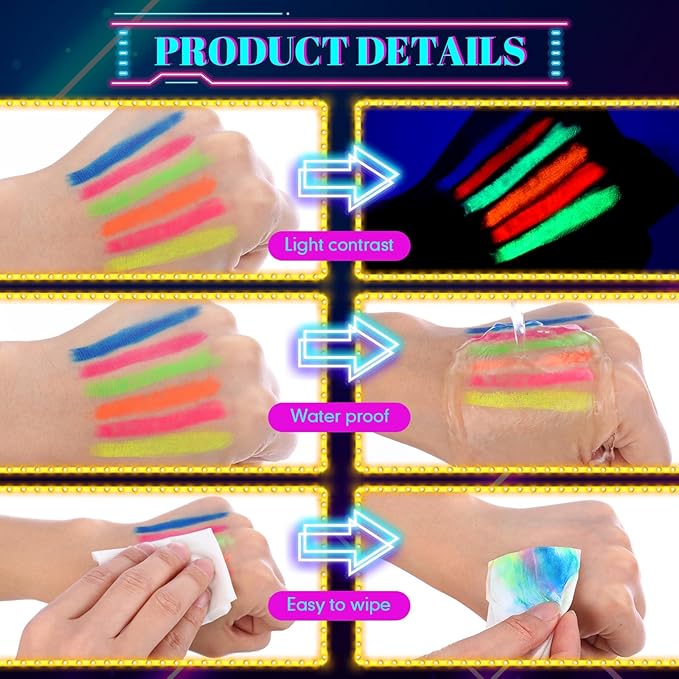 Handepo 24 Pcs Glow in the Black Light Face Paint Crayons Neon Face Body UV Light Paint Kit Fluorescent Halloween Masquerade Makeup for Adult Mardi Gras Parties(Multi Color)