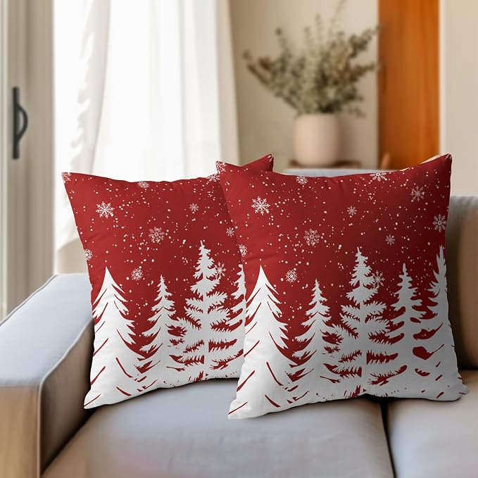 Kawani Christmas Red Pillow Covers 16x16 Inches, 2 Pcs Xmas White Snowflakes and Pine Trees Decorative Pillowcase Cotton Linen Square Cushion Case for Sofa Couch Bed Car Home Décor