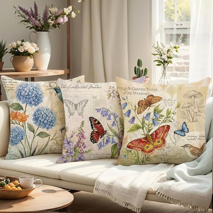 wyooxoo Farmhouse Pillow Covers 20x20 Set of 4 Spring Summer Throw Pillow Covers Linen Flower Butterfly Bird Decorative Pillowcases for Sofa Couch Living Room Outdoor