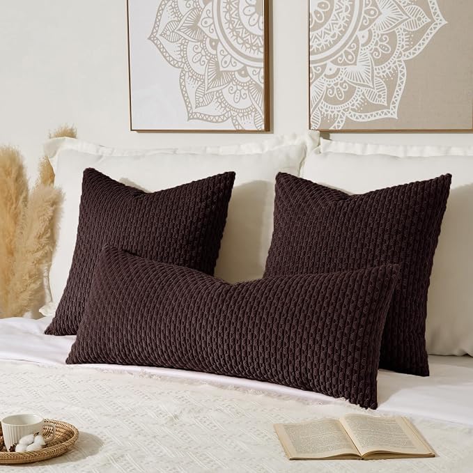 Kevin Textile Soft Corduroy 14"x36" Lumbar Pillow Cover 1 Pack, Coffee | Boho Stripe Plush Corduroy Decorative Oblong Cushion Cover Modern Farmhouse Home Decor for Sofa Couch Bed Chair