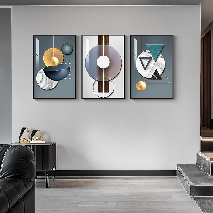 Large Framed Modern Luxury Abstract Wall Art, 3 Piece Blue-Green Prints Paintings Artwork for Walls, Bright Style Geometric Pictures for Living Room Dining Room Bedroom Office Total 30x60 In