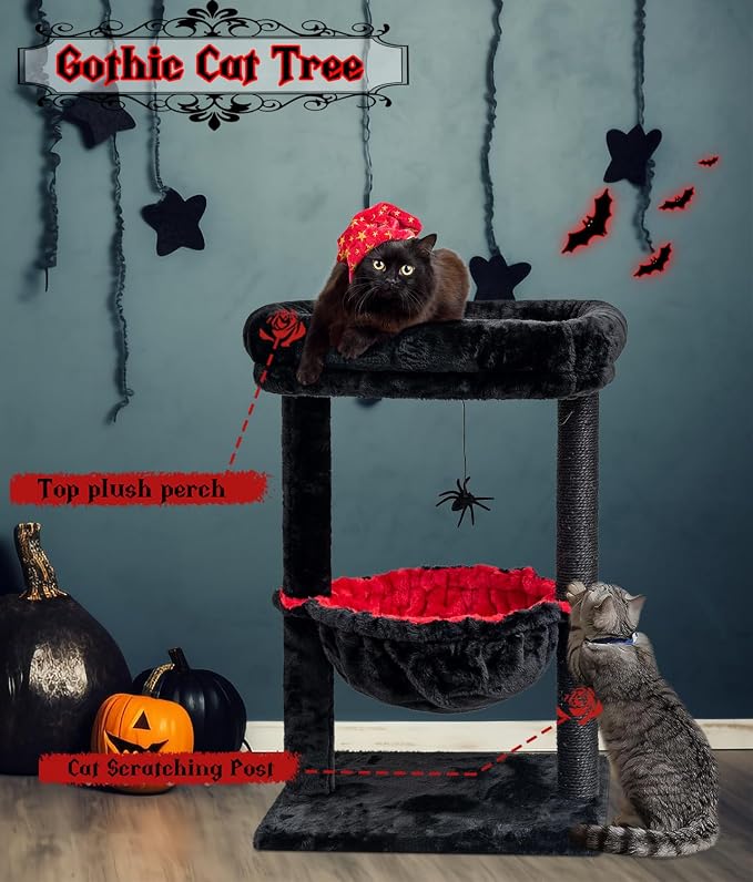 SYANDLVY Gothic Cat Tree with Coffin Bed for Indoor Cats, Activity Tower | Scratching Post for Kittens, Cat Condo Furniture with Basket & Spider Hanging Ball for Play Rest