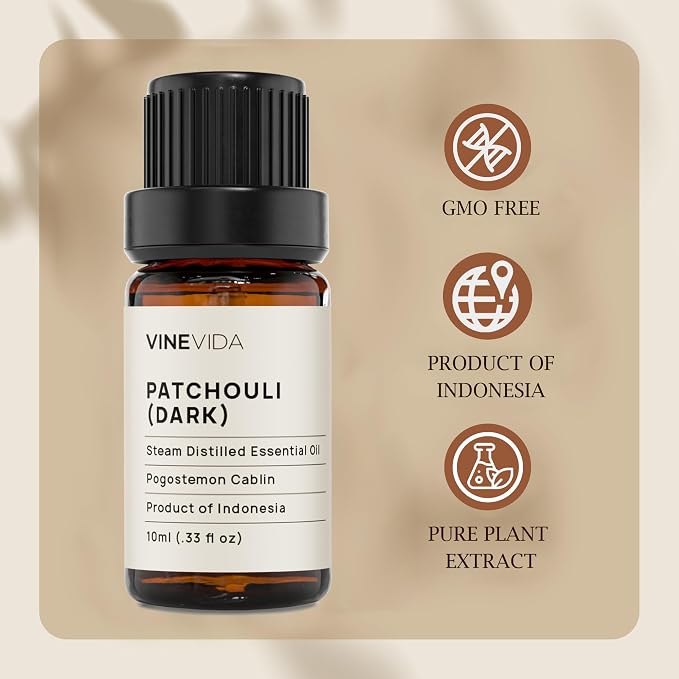 VINEVIDA Patchouli Essential Oil 10 mL - Undiluted Patchouli Oil - DIY Candle Scents for Candlemaking - 10 mL Essential Oil for Soap Making