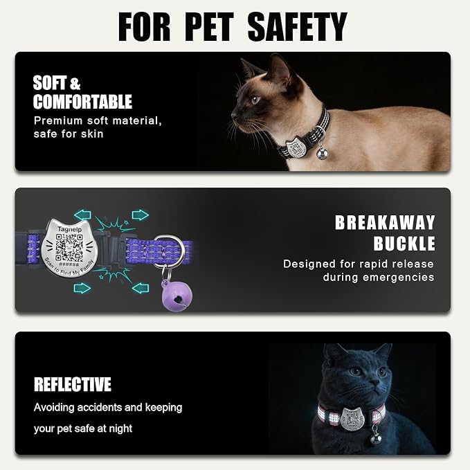 Breakaway Cat Collar with QR Code Tag and Bell (Black & Rose red) | Reflective Nylon, Quick-Release Buckle
