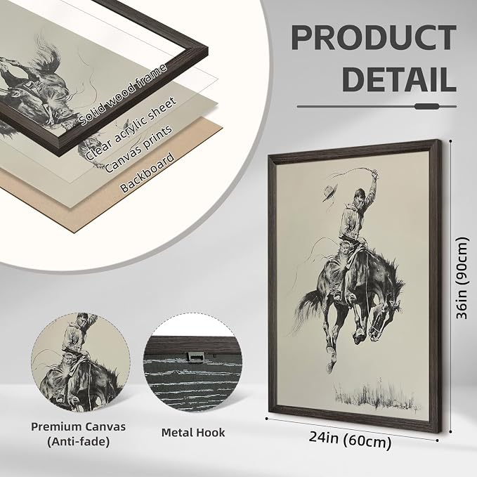 Western Cowboy Wall Art Decor Vintage Farmhouse Prints Western Cowboy Canvas Poster Retro Southwestern Wall Art Antique West Pictures Vintage Painting for Bathroom Bedroom 24x36x2 Inch Framed