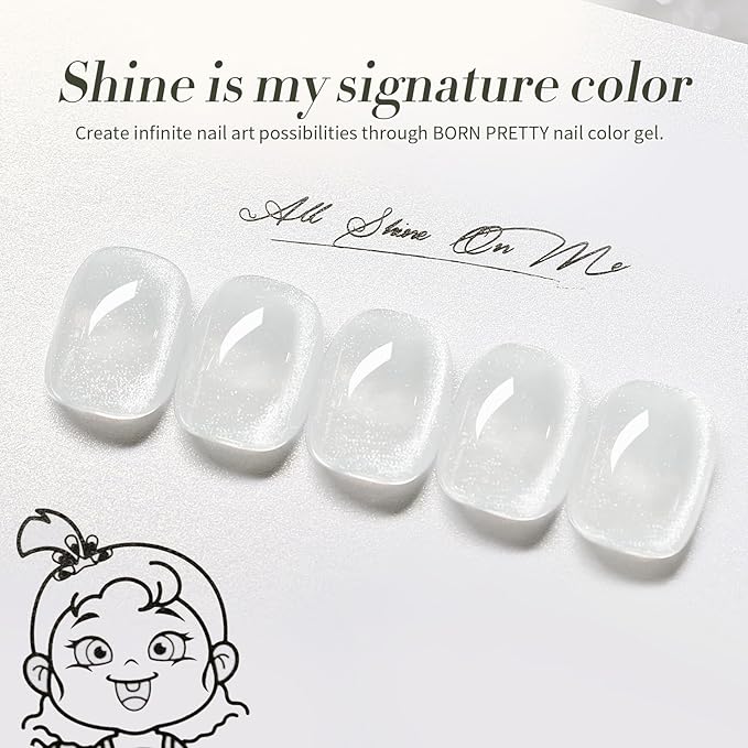 BORN PRETTY Cat Magnetic Eye Gel Nail Polish, Milky White Cat Glitter Cat Magnetic Gel Nail Polish, Holographic Magnetic Nail Polish for Nail Art Manicure Salon DIY at Home 15ML