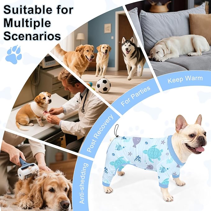 Bienbee Dog Pajamas, 4 Pack Adjustable Onesies for Small to Large Dogs L | Dog Shedding Suit with Soft Fabric, Breathable & Stretchy, and Adjustable Back Length for Sleeping Lounging and Daily Use