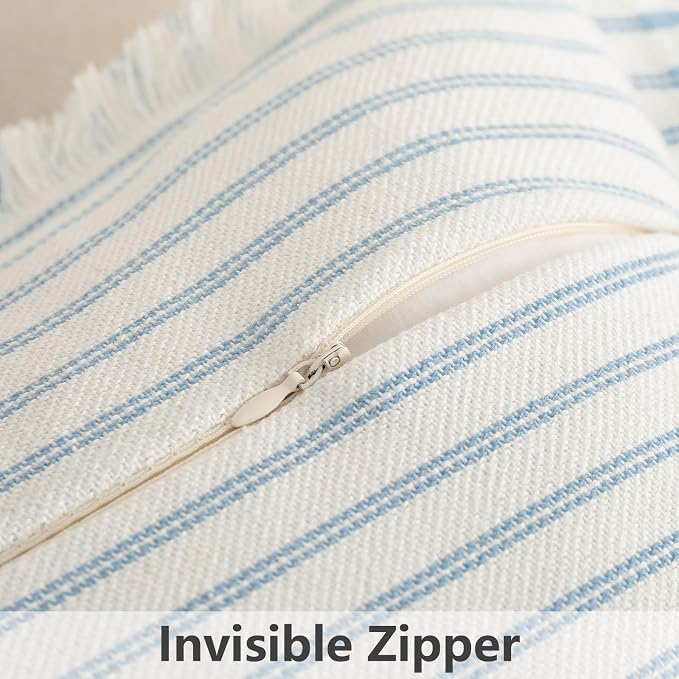 Throw Pillow Covers 16x16 Set of 2 Striped Pillow Covers with Fringe Chic Cotton Decorative Pillows Square Cushion Covers for Sofa Couch Bed Living Room Farmhouse Decor, (Light Blue)