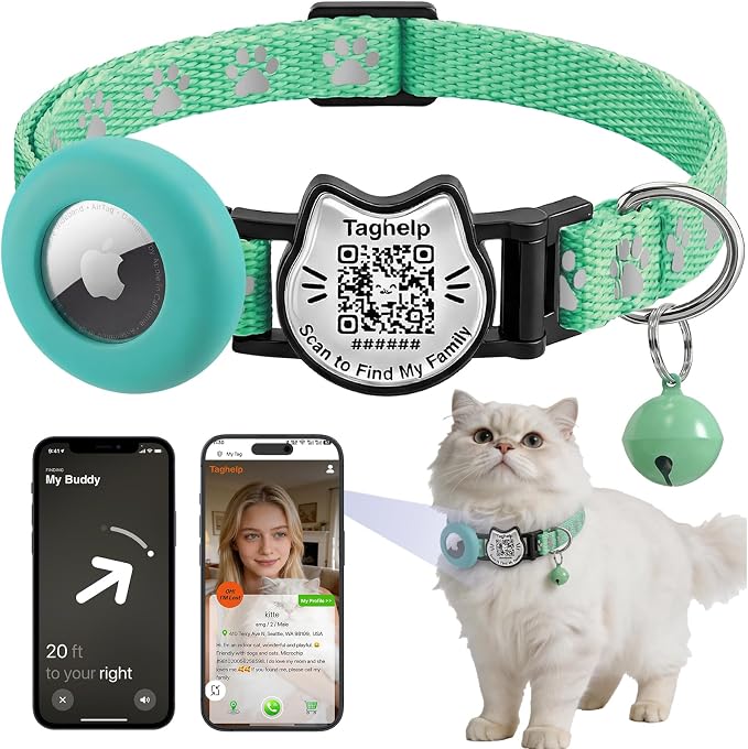 Cat Collar with AirTag Holder, QR Code Tag and Bell (Green, Paw Pattern)