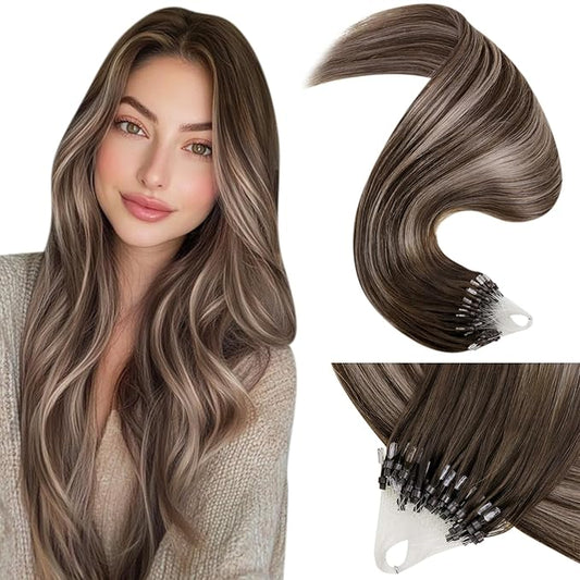 LaaVoo Microlink Hair Extensions Human Hair Brown Micro Beads Hair Extension Balayage Dark Brown to Ash Brown Mix Brown Micro Extensions Human Hair 18 Inch 50g 50s