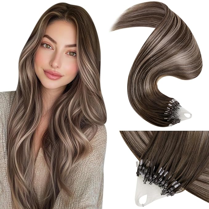 LaaVoo Microlink Hair Extensions Human Hair Brown Micro Beads Hair Extension Balayage Dark Brown to Ash Brown Mix Brown Micro Extensions Human Hair 22 Inch 50g 50s
