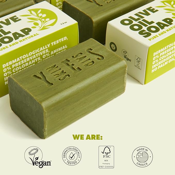Skin Said Yes Pure Olive Oil Soap Bar 4 Pack | Made in Greece | 7.2 Oz. per Bar - Natural Soap for Hydrating & Nourishing - For All Skin Types - Great for Daily Cleansing & Care