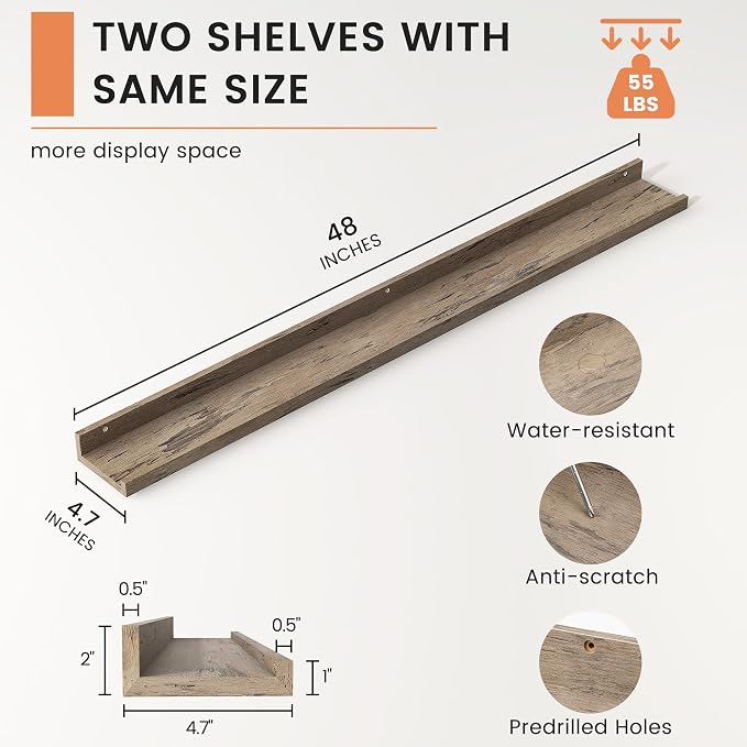 Picture Ledge Shelf, Floating Shelves for Wall, 48" W Set of 2, Grey | FSC Certified Engineered Wood, Wall Mounted Bookshelf, for Nursery Living Room Bedroom, Pre-Drilled, Easy Install