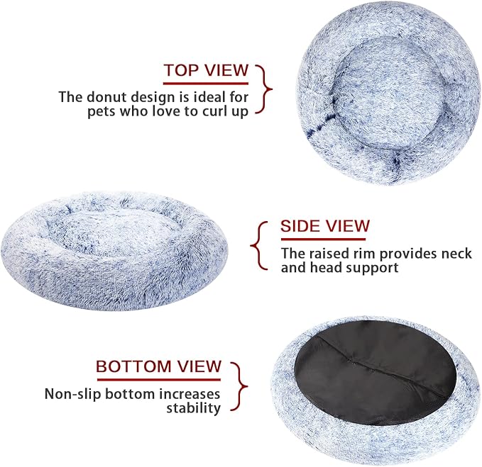 Bedfolks Calming Donut Dog Bed - 36 Inch Round Plush Beds for Large Dogs, Anti-Anxiety Machine Washable (Navy Blue, Large)