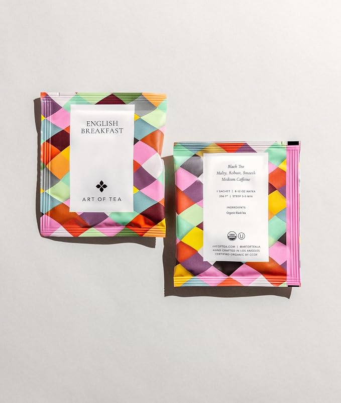 Art of Tea Organic English Breakfast Tea, 50 Count Pyramid Sachets, Premium Black Tea Bags, Smooth & Robust Caffeinated Breakfast Tea, Morning Energy Tea, Hot or Iced