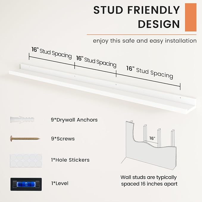 Picture Ledge Shelf, Long Floating Shelves for Wall, 52" W Set of 2, White | FSC Certified Engineered Wood, Wall Mounted Bookshelf, for Nursery Living Room Bedroom, Easy Install