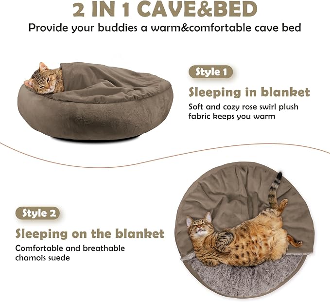 JOEJOY Small Dog Bed Cat Bed with Hooded Blanket, Cozy Cuddler Luxury Puppy Pet Bed, Donut Round Calming Anti-Anxiety Dog Burrow Cave Bed - Anti-Slip Bottom and Machine Washable 26 inch