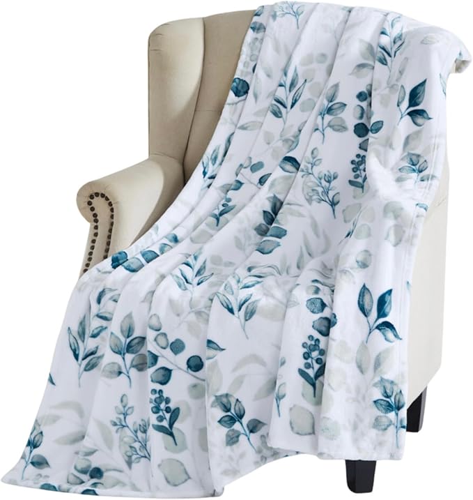 Throw Blanket: Velvelty Soft, Durable Fleece Accent for Bed or Couch (Teal and Gray Berries, 50 x 70 inches)