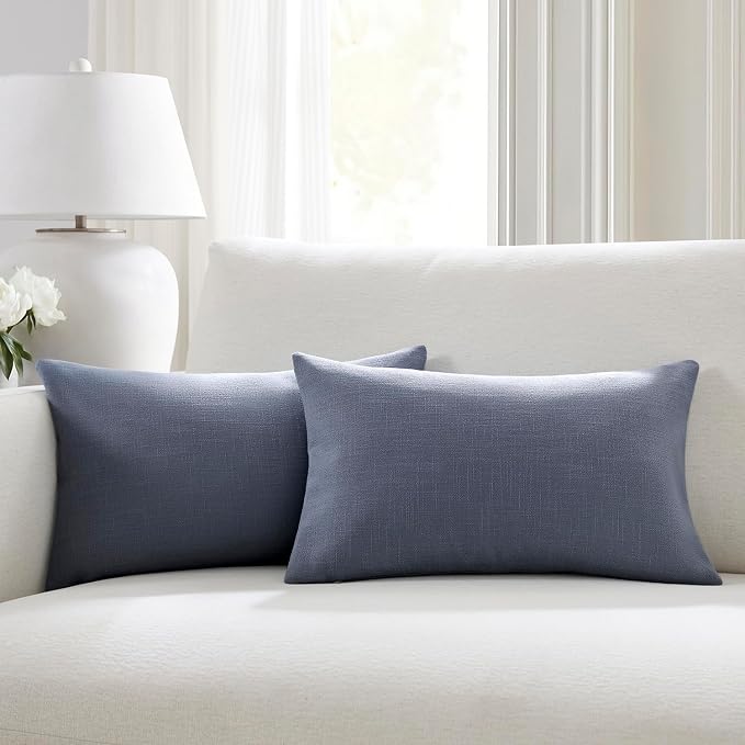 Meekio Set of 2 Blue Gray Throw Pillow Covers 12x20, Modern Farmhouse Linen Blend Decorative Pillow Covers for Couch Sofa Bed, Neutral Home Decor