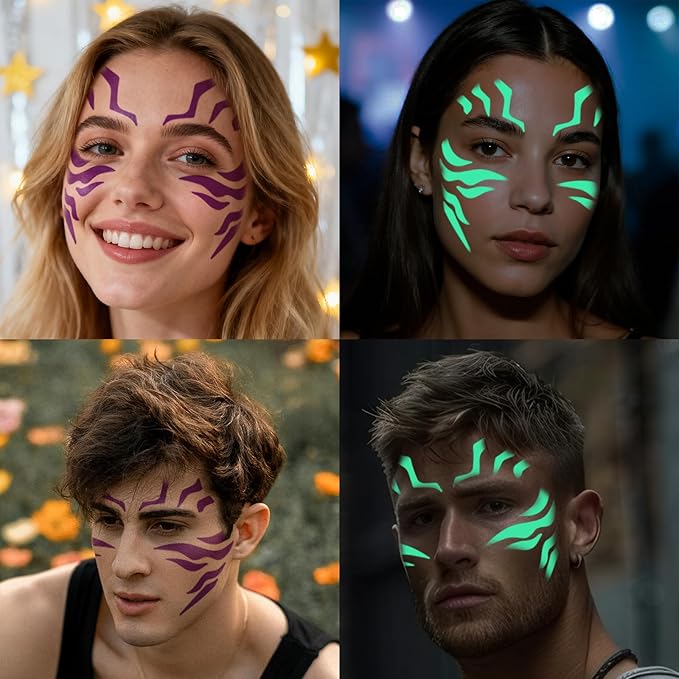 Temporary Tattoos For Men and Women - 12 Sheets Full Body Tattoos Stickers Waterproof Movie Cosplay Costume Accessories for Boys Girls Festival Party Rave Stage Makeup Decoration（Luminous）