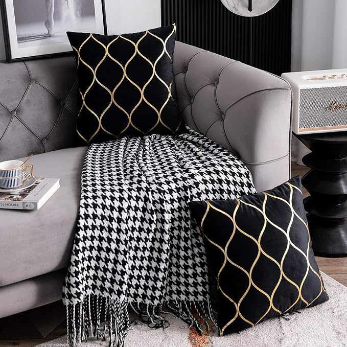 18x18 Inch Gold Velvet Throw Pillow Covers: 2 Pack Square Decorative Pillow Cases for Bedroom Sofa Couch Living Room, Black