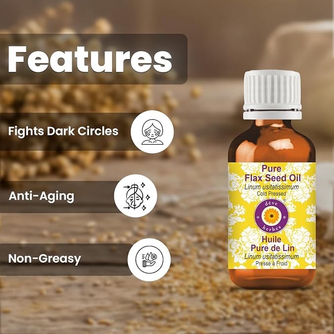 Deve Herbes Flax Seed Oil (Linum usitatissimum) | Cold Pressed | Pure | Natural | Undiluted | For Diluting Essential oils | For Skin & Massage | Non-Sticky | Lightweight | Men & Women | 50ml (1.69 oz)