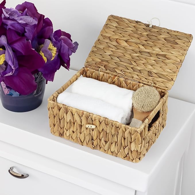 Water Hyacinth Wicker Baskets with Lids, Set of 2 | Small and Medium Storage Boxes, Shelf Organizer Bins, Rectangular Woven Design, Multipurpose Home Storage, Natural Decor