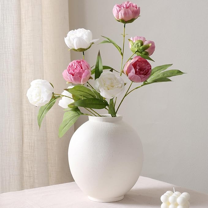 Starttag Large White Ceramic Vase, 9.8 inch Rustic Farmhouse Flowers Vase for Home Decor, Sandstone Texture Round Pottery Tall Vase Indoor for Table Living Room Decor