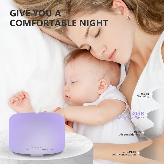 Oil Diffuser, 500ml Essential Oil Diffusers, Aromatherapy Diffuser with 2 Mist Mode 4 Timers＆7 Ambient Light Waterless Auto Off, Diffusers Large Room Home Office