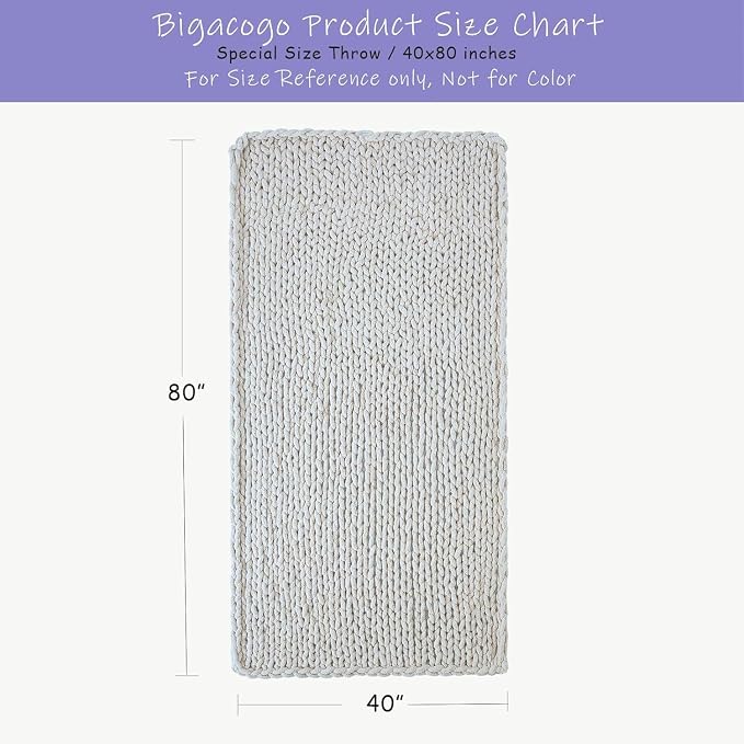 Bigacogo Chunky Knit Throw Blanket for Couch, 40x80 inches, Vintage White | Hand Knit with Jumbo Chenille, Soft Breathable Cable Knit for Sofa Bed Living Room, Machine Washable, Gift for Mom Friend