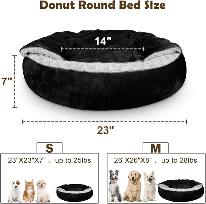 JOEJOY Small Dog Bed Cat Bed with Hooded Blanket, Cozy Cuddler Luxury Puppy Pet Bed, Donut Round Calming Anti-Anxiety Dog Burrow Cave Bed - Anti-Slip Bottom and Machine Washable 23 inch