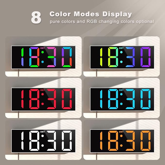 JALL Digital Wall Clock Large Display with Big LED Numbers, Remote Control, 8 RGB Colors, Auto DST, Night Light for Classroom Living Room Bedroom Birthday Gift for Senior(A White Shell, 12 inches)