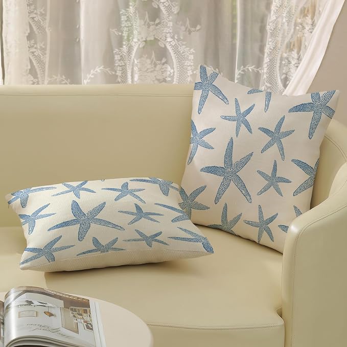 Navy Blue Starfish Pillow Covers 16x16 Set of 2 Coastal Throw Pillows Spring Summer Nautical Ocean Theme Beach Decorative Pillow Cases Farmhouse Outdoor Decor Cushion Case for Home Bedroom