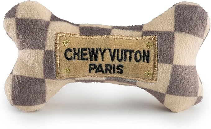 Haute Diggity Dog Chewy Vuiton Bone Plush Dog Toy, Tan Checker, Small