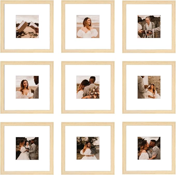 8x8 Picture Frame Set of 9, Display Pictures 4x4 with Mat or 8x8 without Mat, Multi Collage Gallery Square Photo Frames for Wall or Tabletop, Natural Wood