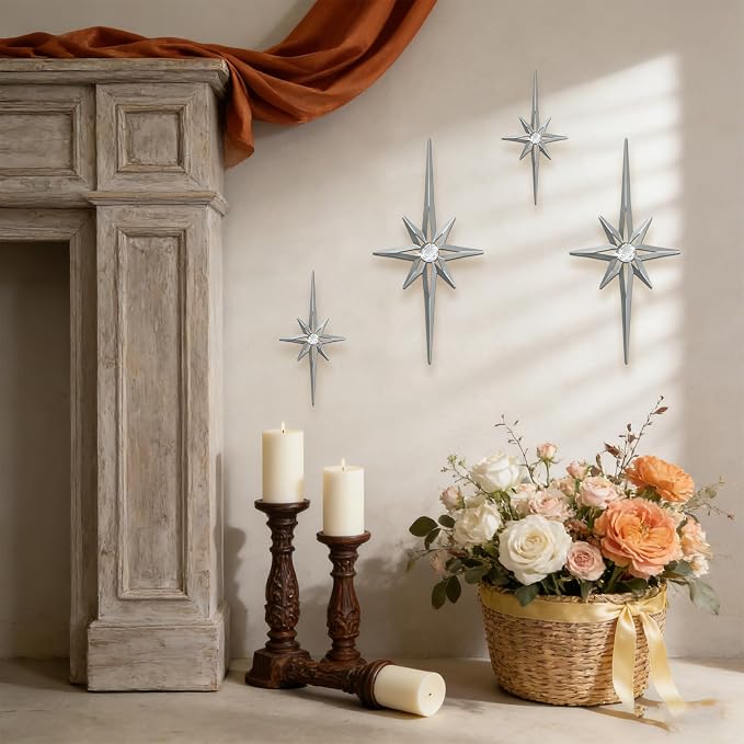 sxnzequnze 4 Pcs Star Wall Art for Home Decor Living Room Bedroom Office Metal 3D,Bling,with Hanging Hook Starburst Midcentury Sculpture Retro Gallery Accent Celestial -Silver 16.5in/9.4in