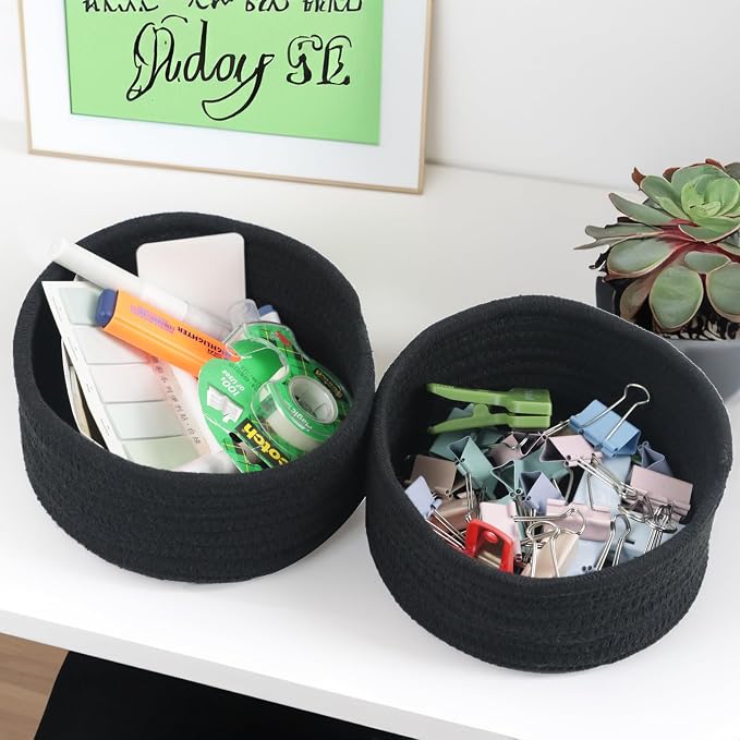 Small Woven Cotton Rope Baskets, Set of 3, Black | Mini Round Baskets, Gift and Storage Baskets, Nursery Organizer, Bathroom Countertop Bins, Decorative Boho Decor