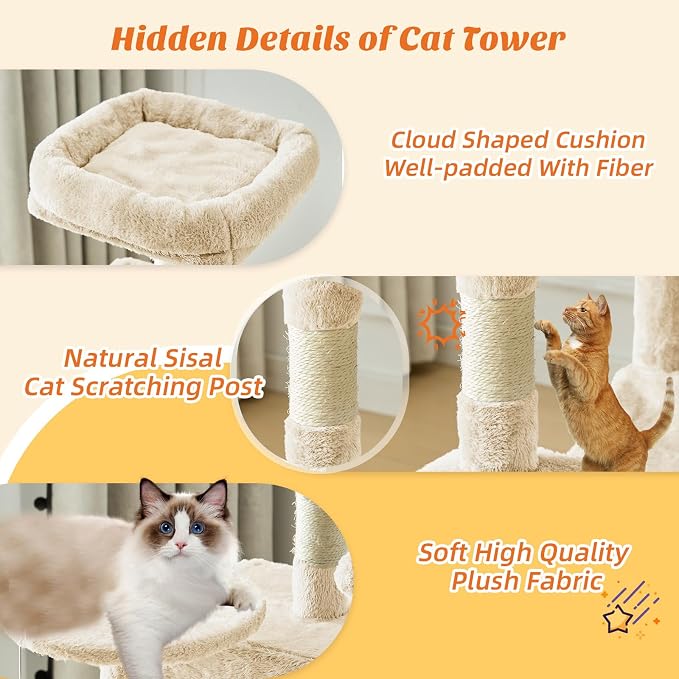 Sweetcrispy 44 Inch Cat Tree Tower for Indoor Cats and Kittens | Multi Level Cat Climbing Tower with Natural Sisal Scratching Posts, Hammock, Pet Condo, Beige