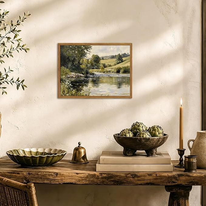 Framed Vintage Landscape Wall Art, Country Nature River Pictures Wall Decor, Rustic Field Paintings Canvas Prints Farmhouse Home Decor Aesthetic for Living Room Bedroom Bathroom 8x10 inch