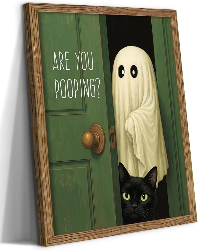 Funny Ghost Cat Halloween Bathroom Wall Art, Cute Ghost Bathroom Halloween Wall Decor Are You Pooping Picture, Vintage Framed Canvas Prints Funny Artwork for Restroom 12x16in Wood Frame